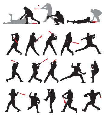 21 detail baseball poses in silhouette clipart