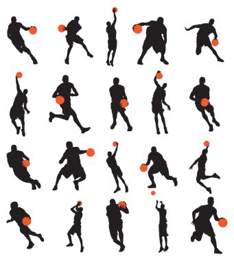 Basketball players 20 poses silhouettes clipart