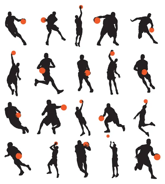 Basketbal spelers 20 poses silhouetten — Stockvector