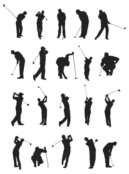 20 golf poses silhouette. — Stock Vector