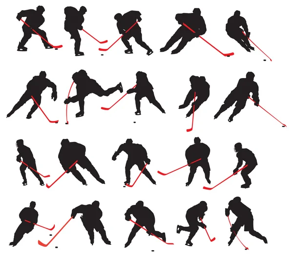 20 detailverliebte Eishockey-Posen in Silhouette — Stockvektor