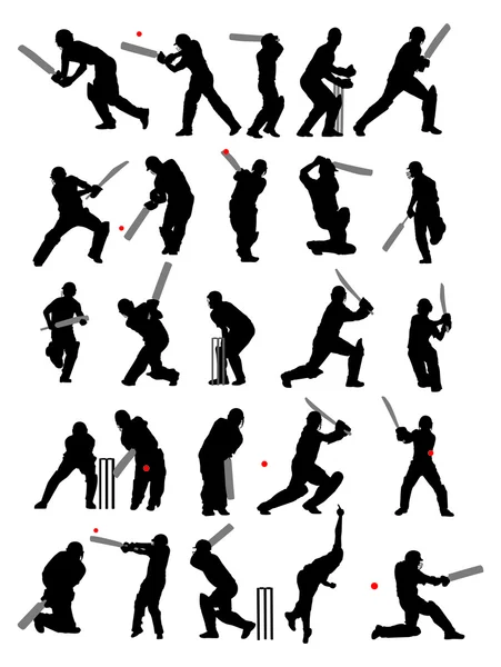 25 detail cricket poses in silhouette — Stock Vector