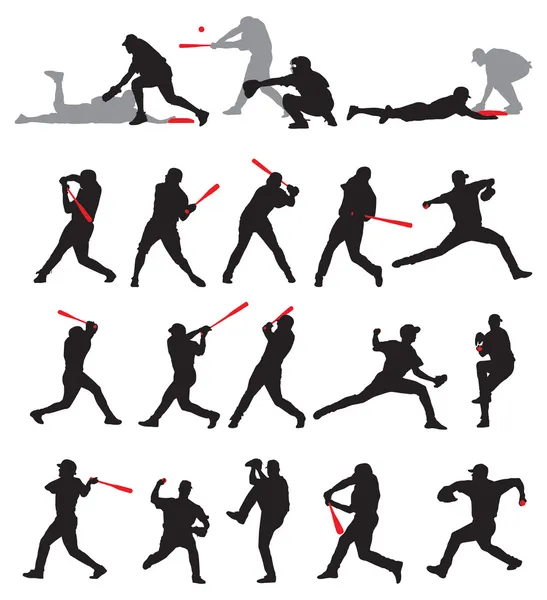 21 poses de baseball détaillées en silhouette — Image vectorielle