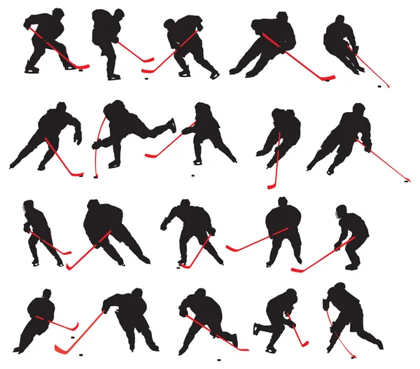 20 detalles hockey sobre hielo posa en silueta — Vector de stock