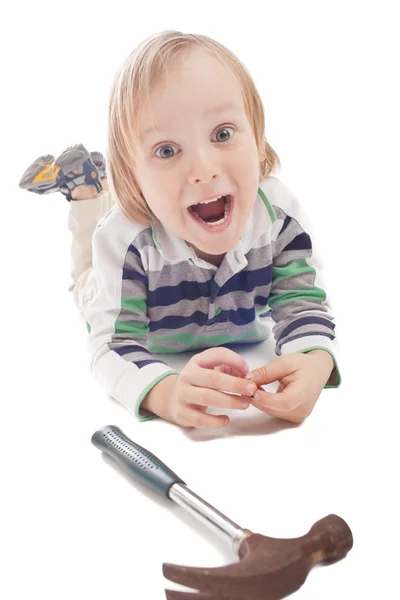 Boy with hammer and pliers — Stock Photo, Image