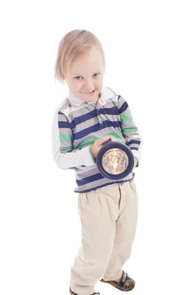 Niño positivo con lámpara —  Fotos de Stock