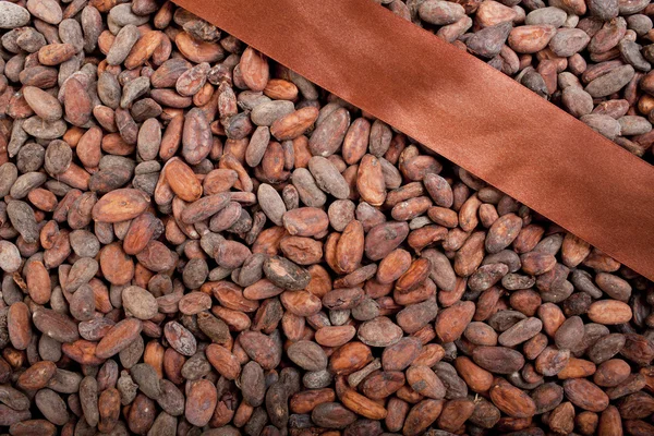 Cinta marrón con sombra de oro sujetado por el arco se encuentra en muchos de los granos de cacao —  Fotos de Stock