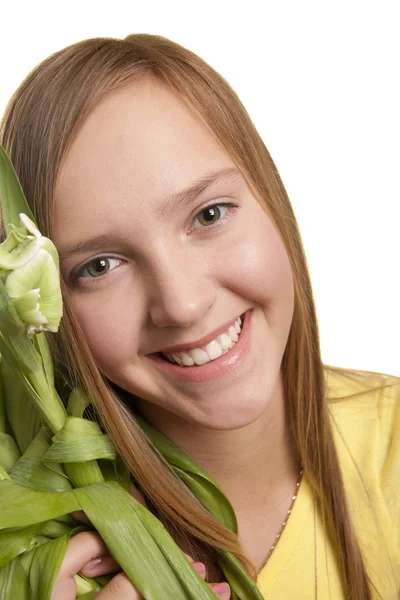Beautiful girl with green flower — Stock Photo, Image