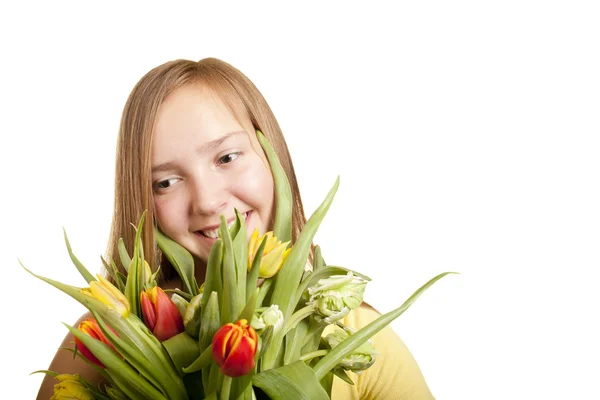 Ragazza con bouquet di tulipani — Foto Stock