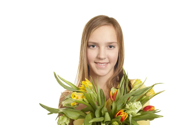 Lány csokor tulipánnal — Stock Fotó