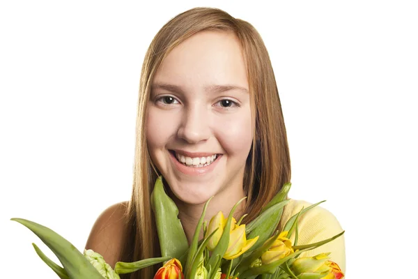 Dziewczyna z bukietem tulipanów — Zdjęcie stockowe