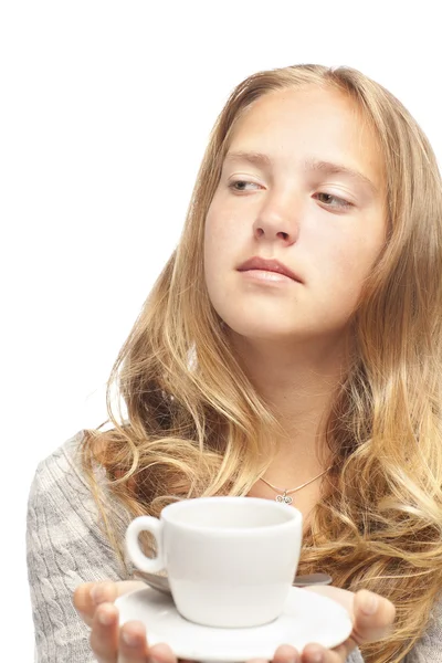 stock image Young blond girl with white cup