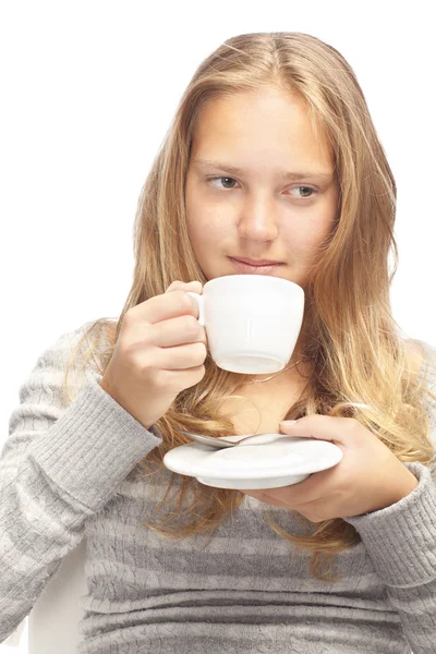 Stock image Young blond girl with white cup