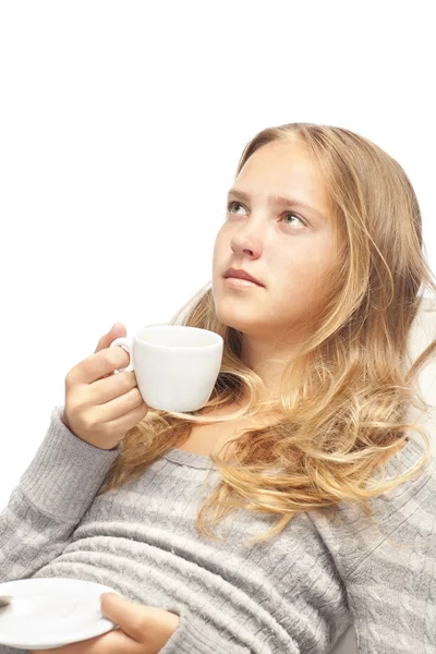 stock image Young blond girl with white cup