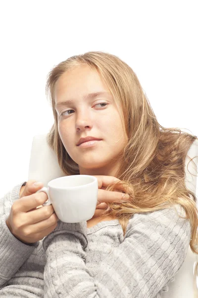 stock image Young blond girl with white cup