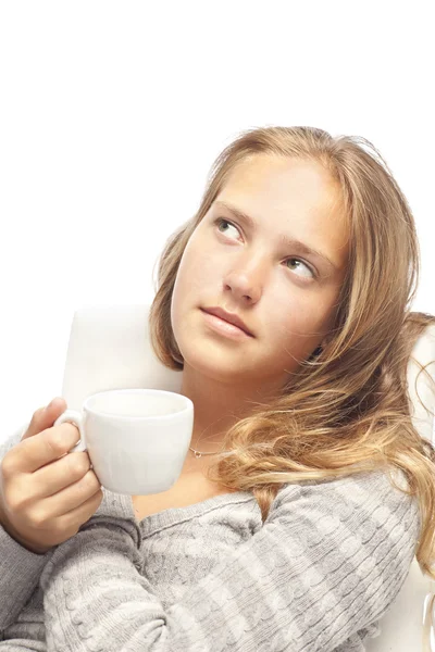 stock image Young blond girl with white cup