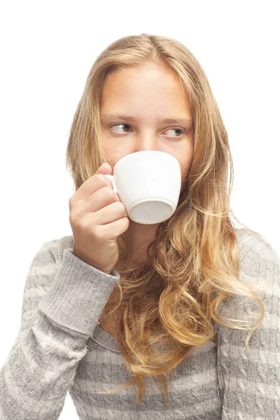 stock image Young blond girl with white cup