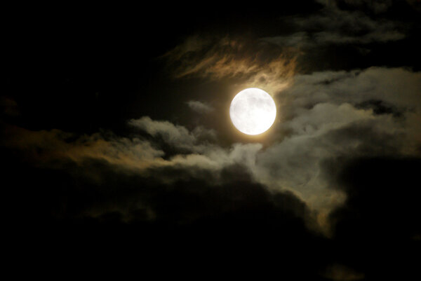 Night Sky - Glowing Full Moon and Dark Clouds