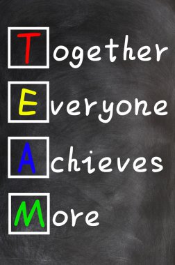 TEAM acronym (Together Everyone Achieves More), teamwork motivation concept of chalk handwriting on a blackboard clipart