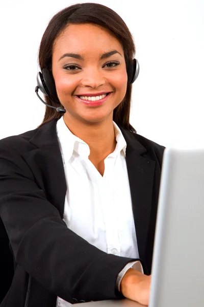 Businesswoman with headset microphone — Stock Photo, Image