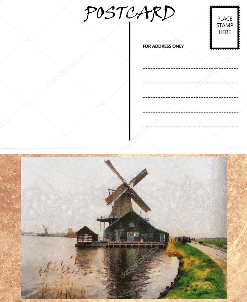 Empty Blank Postcard Template Dutch Windmill Image