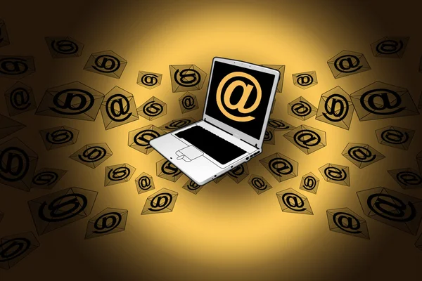 3d E-Mail Laptop goldene fliegende Nachrichten — Stockfoto