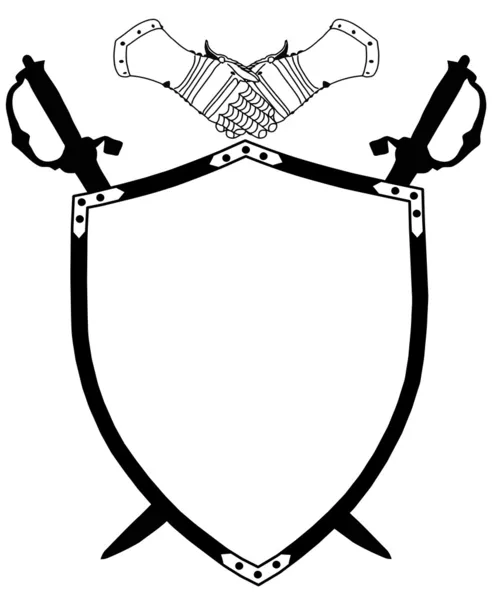 Ізольована 16-го століття війни щит з схрещеними шаблями і рукавички — стоковий вектор