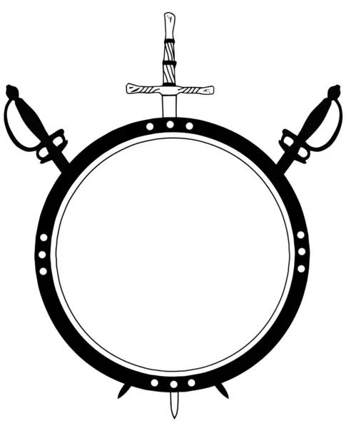 Isoliertes rundes Schild aus dem 16. Jahrhundert mit gekreuzten Schwertern — Stockvektor