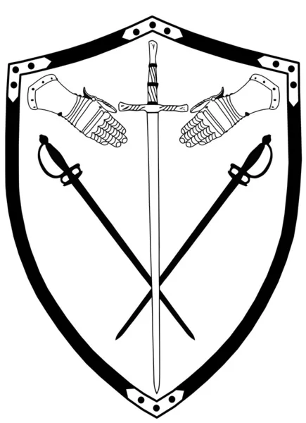 Isoliertes Kriegsschild aus dem 16. Jahrhundert mit gekreuzten Schwertern und Handschuhen — Stockvektor