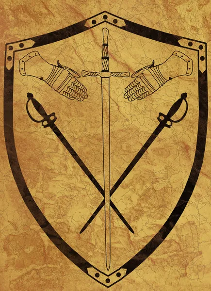 Antiguo escudo de armas en la superficie crujiente marrón — Foto de Stock