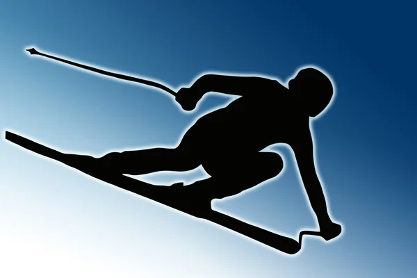 Modrý zadní sportovní silueta - urychlení lyžař — Stock fotografie
