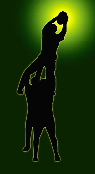 Groene gloed sport silhouette - rugbyspelers ondersteunen lineout j — Stockfoto