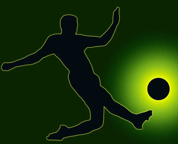 グリーン バックのスポーツ シルエットのサッカーの選手がボールを蹴る — ストック写真