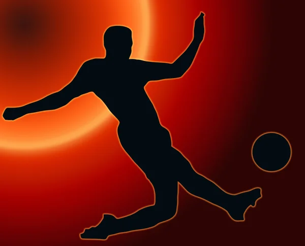 Sunset Back Sport Silhouette Soccer player kicking ball — Stock Photo, Image