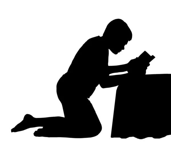 Ребенок читает Библию рядом с кроватью — стоковый вектор
