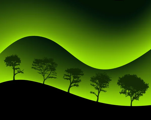 Green Mountains and Silhouetted Trees — Stock Photo, Image