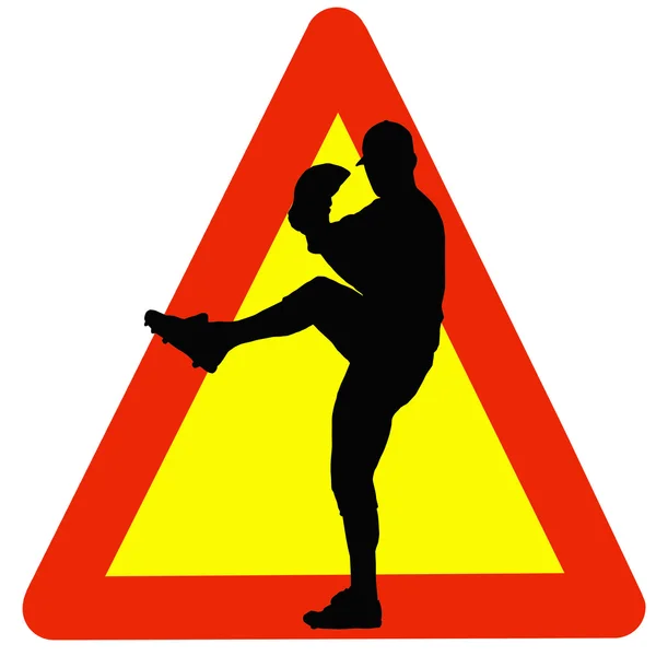 Силуэт бейсболиста на знак предупреждения о дорожном движении — стоковое фото