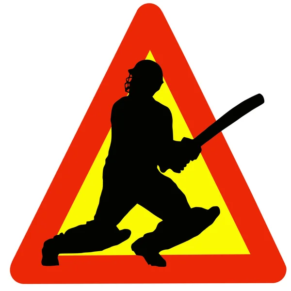 Sílhueta do jogador de críquete no sinal de aviso de tráfego — Fotografia de Stock