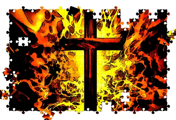 Cruz llameante Ilustración cristiana Puzzle —  Fotos de Stock