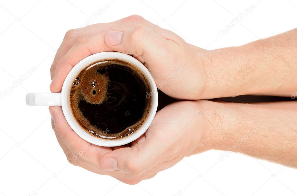 Two hands holding a cup of fresh coffee.