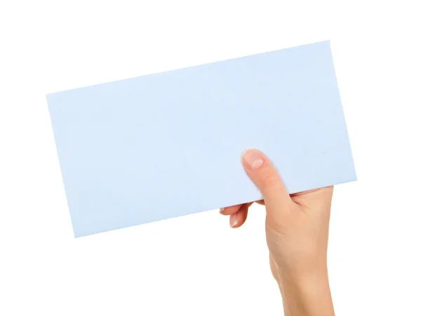 Female hand holding blue sheet paper card — Stock Photo, Image