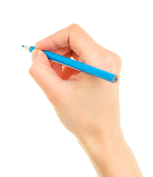Blauer Bleistift in der Hand — Stockfoto
