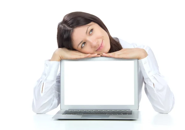 Бизнес-леди с новым современным популярным ноутбуком — стоковое фото
