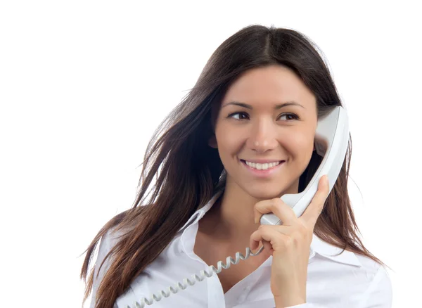 Vrouw praten over de telefoon handset — Stockfoto