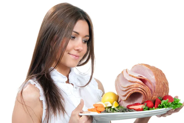 Kocken kvinna skylt i handen med kalkon kött skinka — Stockfoto