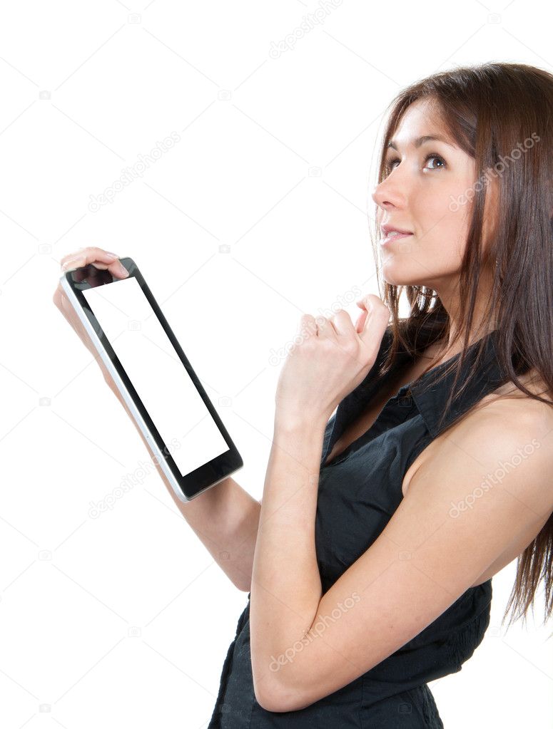 Woman holding in hand new electronic tablet touch pad