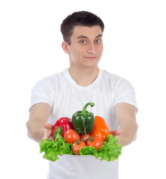 Man with plate of fresh healthy vegetarian vegetables salad — Stock Photo, Image