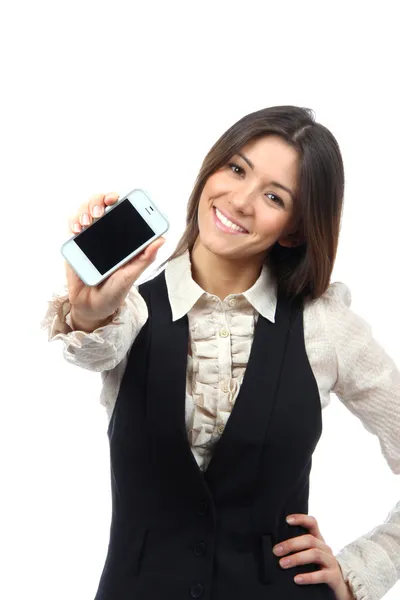 Vrouw met weergave van nieuwe aanraking mobiele celtelefoon — Stockfoto
