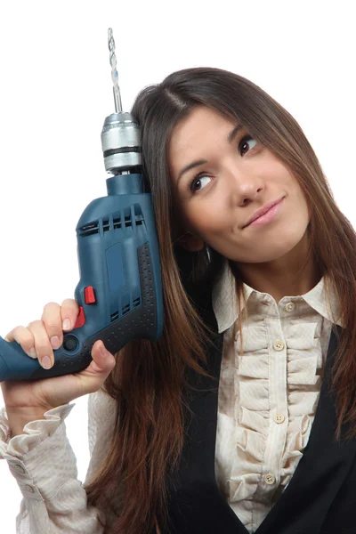 stock image Woman builder with drill machine ready for construction