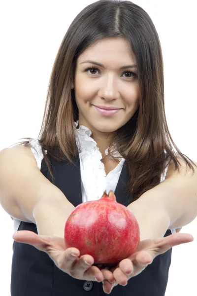 Woman show Pomegranate fruit — Stock Photo, Image